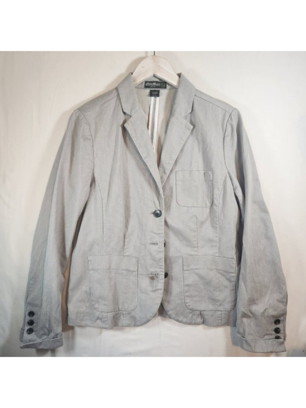 Eddie Bauer Womens Gray Pinstripe Cotton Blazer Jacket Size 14 3-Button Career